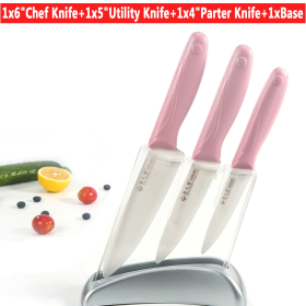 Maxfavor Pink 3pcs Ceramic Kitchen Knife Set Slicing Utility Paring 4" 5" 6" Knives Blade + Base