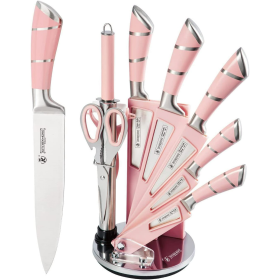 Kitchen Knife Set, 9-Pieces Pink Sharp Non-Stick Coated Chef Knives Block Set